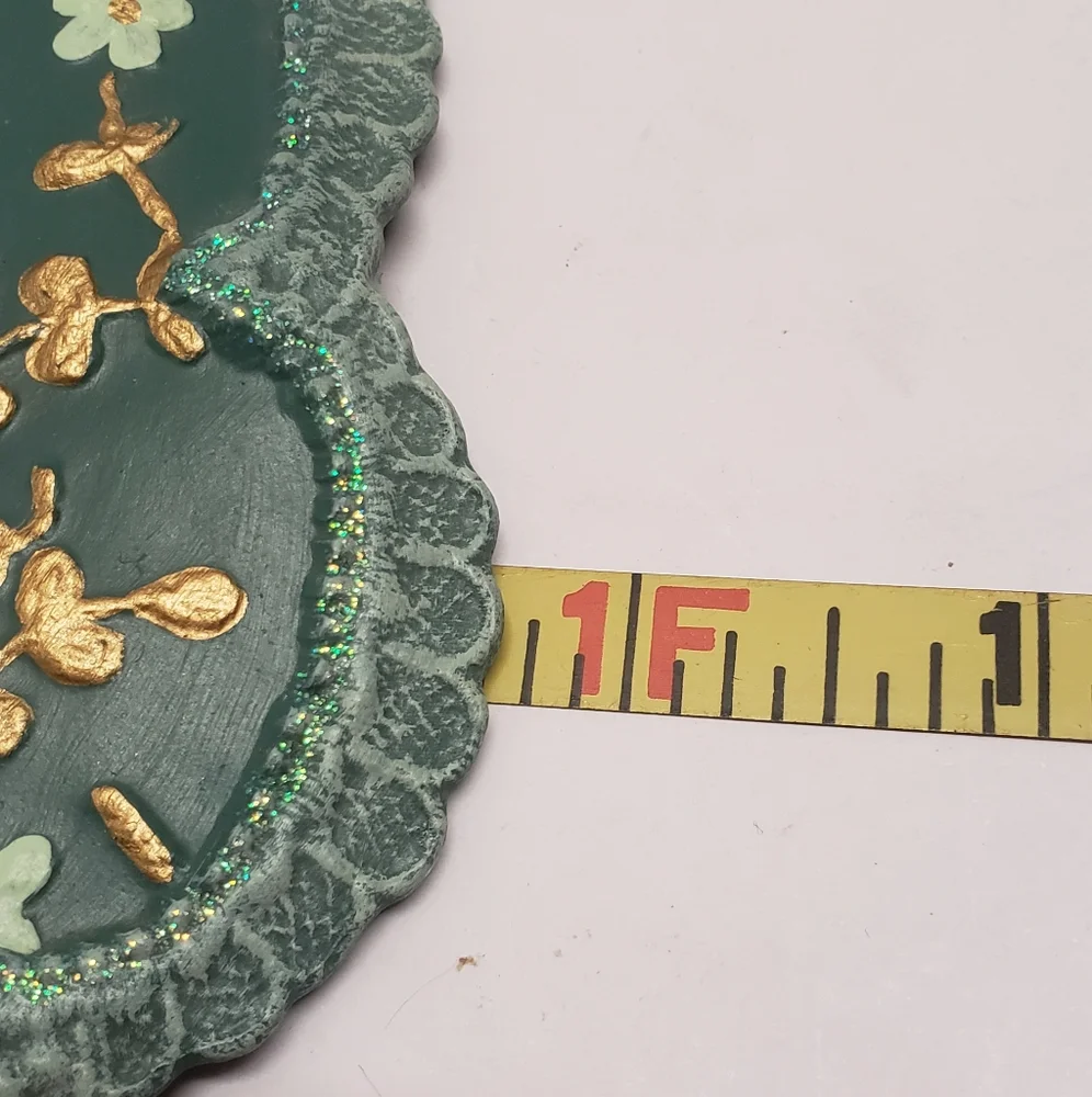 Ceramic Hand Painted Green & Gold Floral Ladies Hat Wall Hanging Artist Signed
